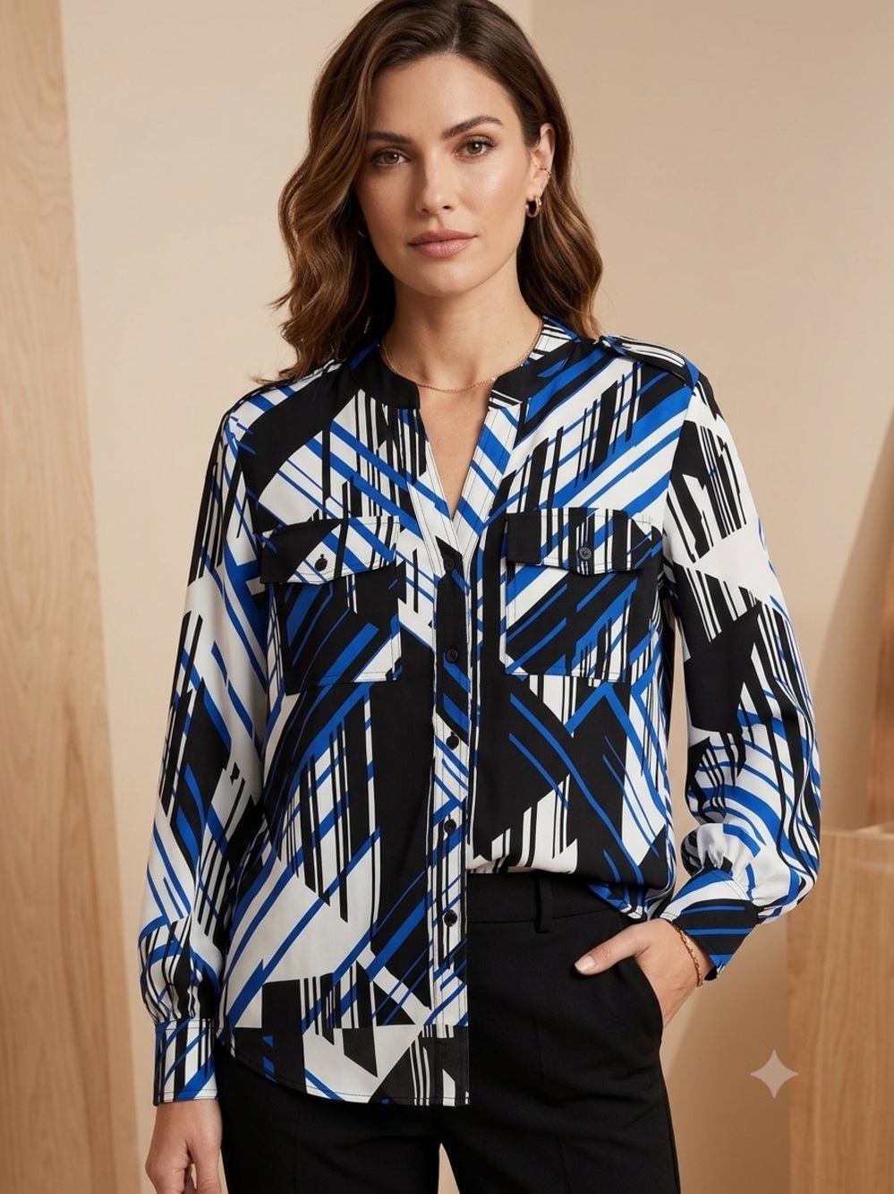 KARL LAGERFELD Paris Black Blue White Geometric Button-Front Blouse SIZE LARGE